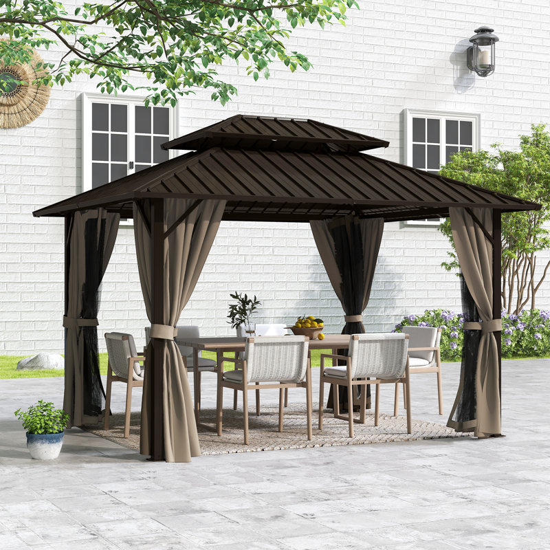 D Double Roof Hardtop Aluminum Patio Gazebo with Netting and Curtains, Brown, Brown, 77.3" H x 122.4" W x 95.5" D