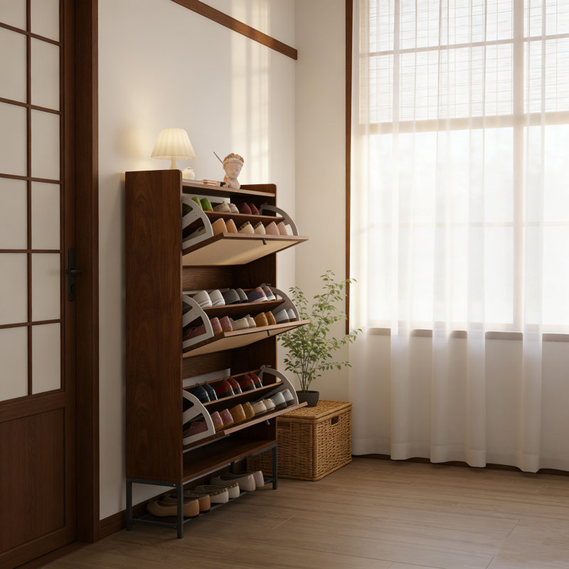 Modern Narrow Flip-Drawer Shoe Cabinet, Walnut