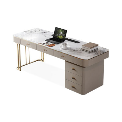 White+Gold Rectangular Manufactured Wood+Stone+Barenia with 6 drawers desk