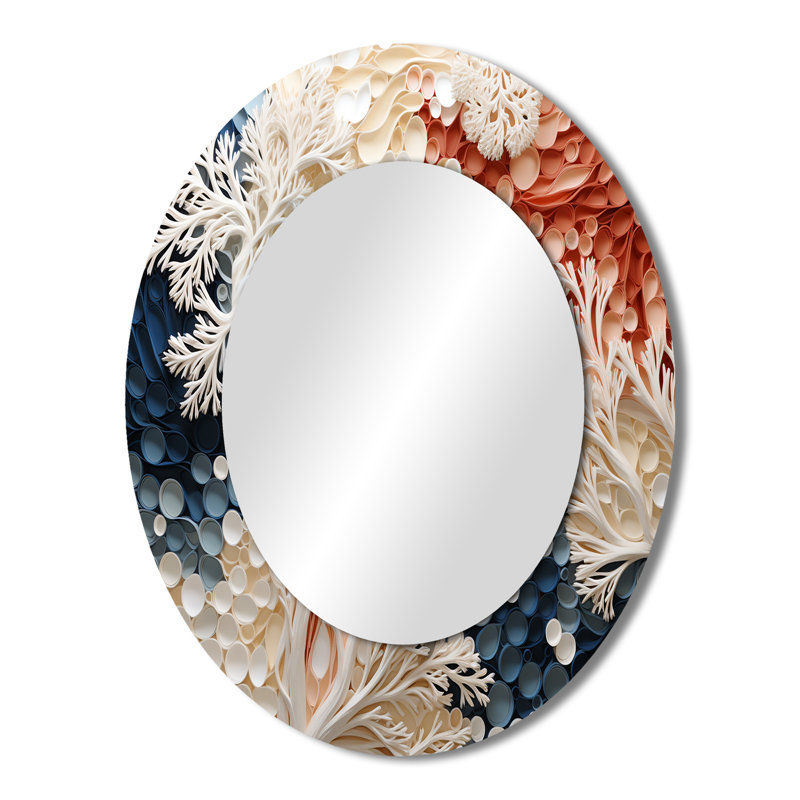 Rose et blanc Coastal Coral Collage II - grand miroir mural ovale sur métal, 43 po x 33 po