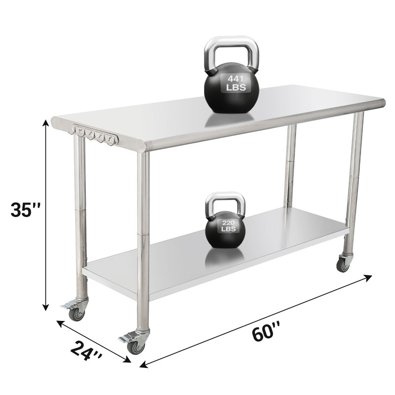 Table de préparation en acier inoxydable 60 po x 24 po x 35 po avec roulettes - Établi commercial à usage intensif avec crochets latéraux, tablette réglable en hauteur, freins verrouillables - pour le garage, l'extérieur et l'intérieur