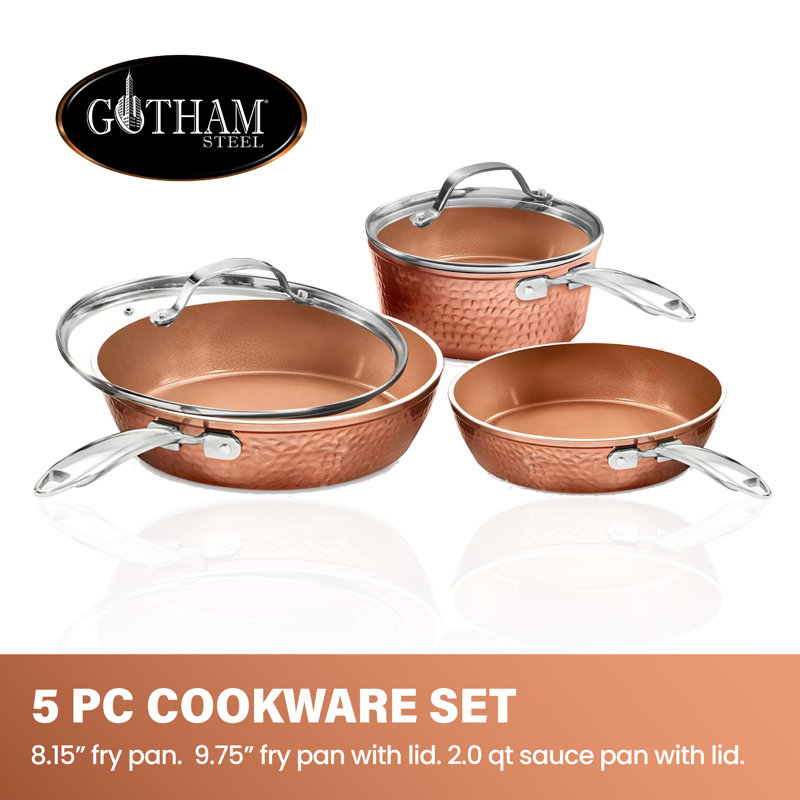 Gotham Steel Hammered Copper 5 Piece Ceramic Non Stick Cookware Set