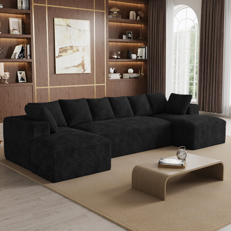 131'' Boneless Compression Sectional Oversized Sofa Couch with Pillows, Black, U-Shaped, Symmetrical