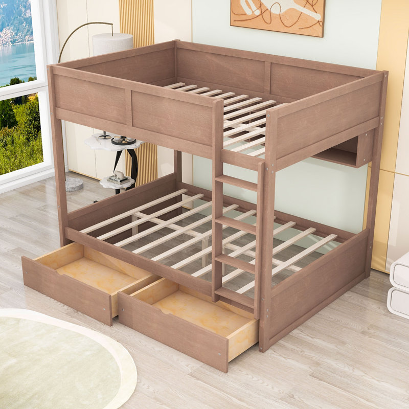 Bunk Bed with Storage Cabinets, LED Lights and 2 Drawers, Brown
