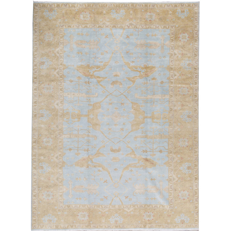 Tapis beige et bleu noué à la main de haute qualité