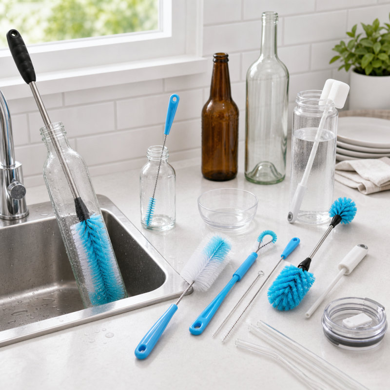 Ensemble de brosses de nettoyage de bouteilles et de tubes à longues poignées, nettoyeur de tasses polyvalent pour bouteilles à col étroit, bière, vin, décanteurs, tuyaux, couvercles, éviers et capuchons