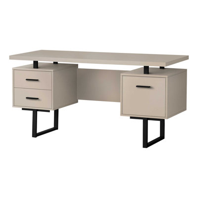 Computer Desk 60" – Particle Board, 1 Piece, Desk with Drawers, Taupe, with Reversible Setup & U-Shaped Black Metal Base