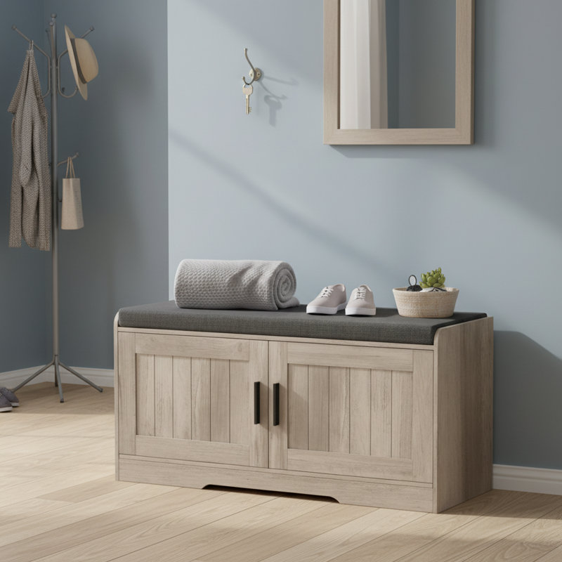 Banc de rangement beige à double couche, banc à chaussures avec coussin épaissi, banc d'entrée double, tablette réglable