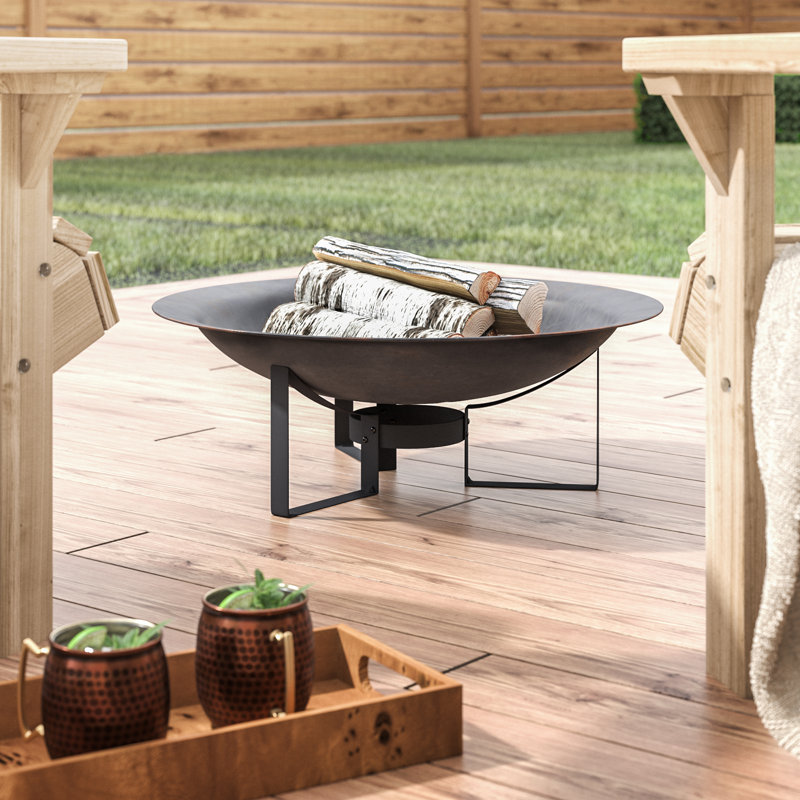 Navia 24" Round Wood-Burning Black Finish Cast Iron Fire Pit Bowl and Stand