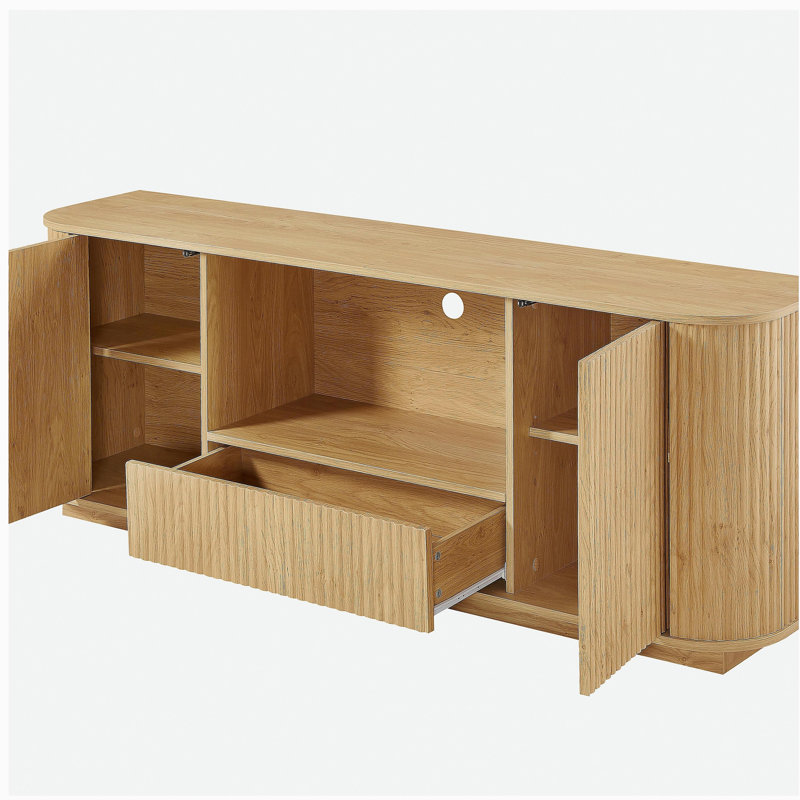 64-Inch Wavy TV Stand, Rounded Sideboard, Storage Cabinet, Wooden Vertical Stripe Cabinet for Living Room/Bedroom/Entryway. Natural,64''W x 15''D x 24''H.