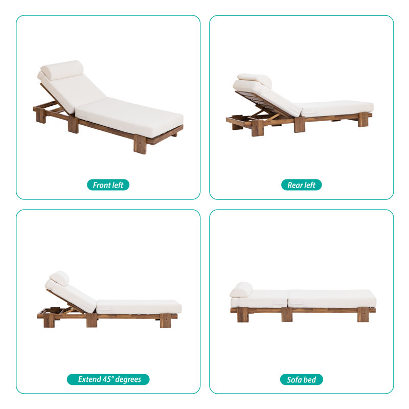 78.8'' Acacia Wood Outdoor Chaise Lounge Chair, Adjustable Recliner With Cushioned Headrest & Retractable Side Tray, Weather Resistant Easy Assembly, For Patio Poolside Garden Terrace Beach
