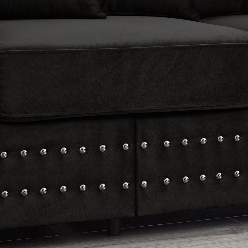 Velours noir au design contemporain pour espace de vie, accoudoirs carrés et clous argentés, sièges confortables rembourrés de ressorts, housses de rangement de siège amovibles 2 places modernes, accoudoirs avec ressorts ensachés