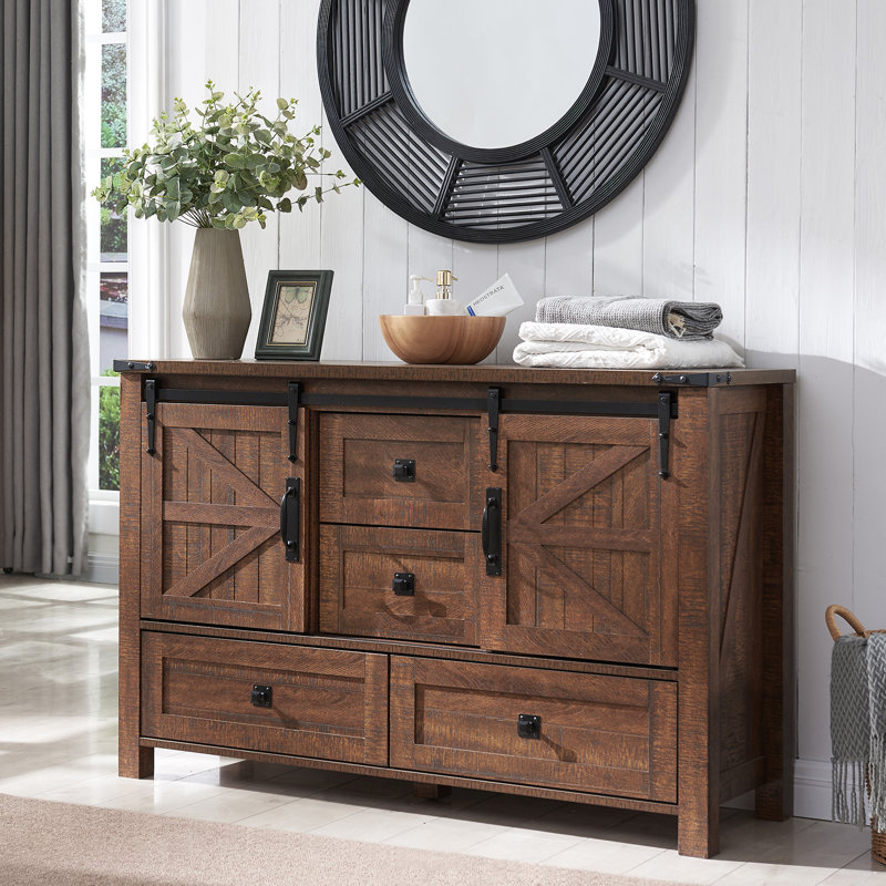 Commode de chambre à coucher avec 4 tiroirs et portes de grange coulissantes Terramuggus, Bois de grange récupéré