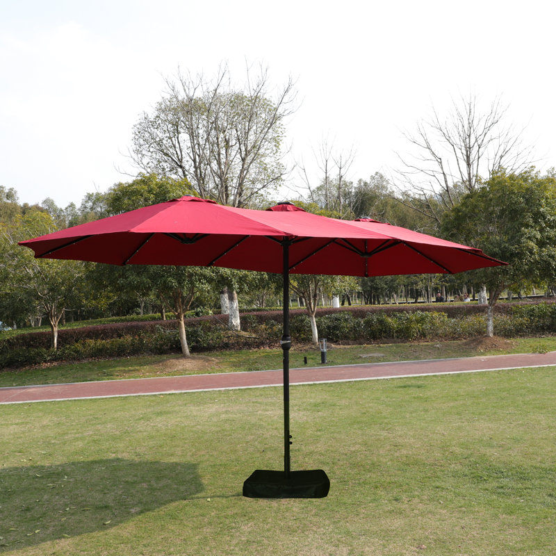 Parasol de patio extérieur double 15X9pi avec base - rouge. Très grand abat-jour pour la cour ou la piscine. Auvent, structure en acier, manivelle facile, piscine à évent, plage.