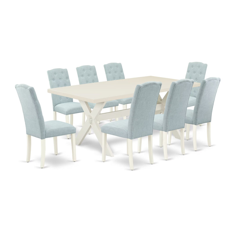 Ensemble de salle à manger 9 pièces comprenant une table rectangulaire à pattes en X et 8 chaises Parson rembourrées en lin bleu ciel.