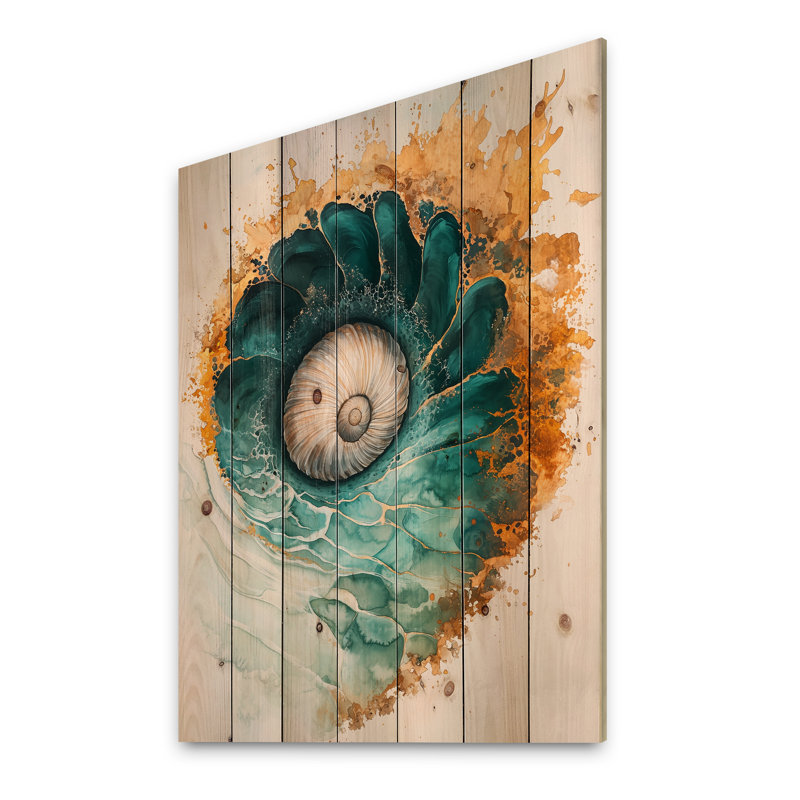 Coastal Spiral Emerald Seashell I - Impression sur bois de coquillage - sur bois de pin naturel