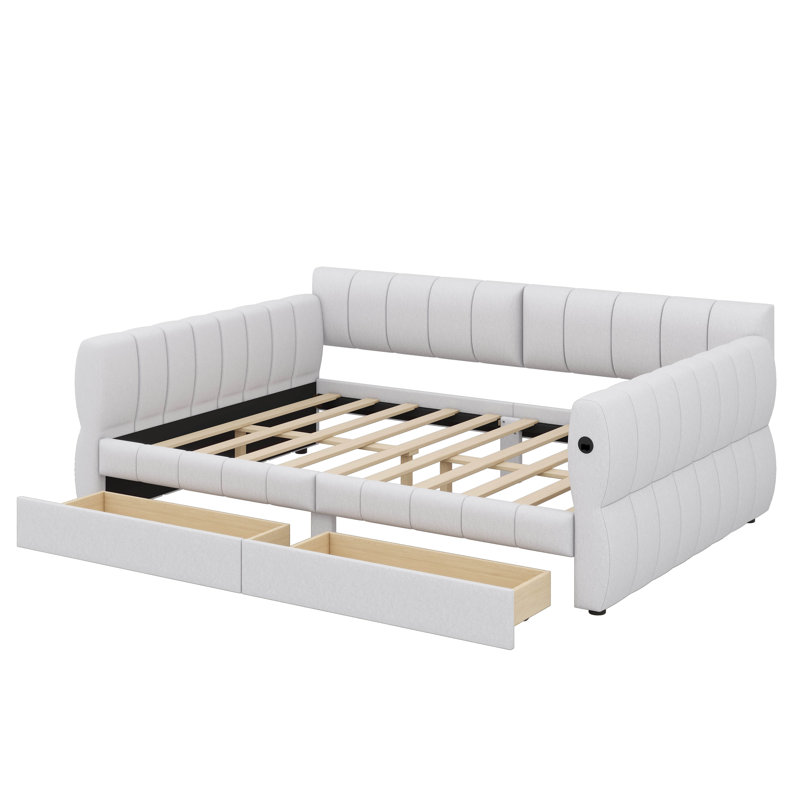 Queen-Size Fabric-Upholstered Bed With Integrated USB Charging And 2 Drawers, White