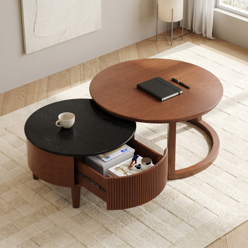 Table basse gigogne ronde 31,5 po cannelée avec tiroir en noir et noyer, peu encombrante, surface lisse unie