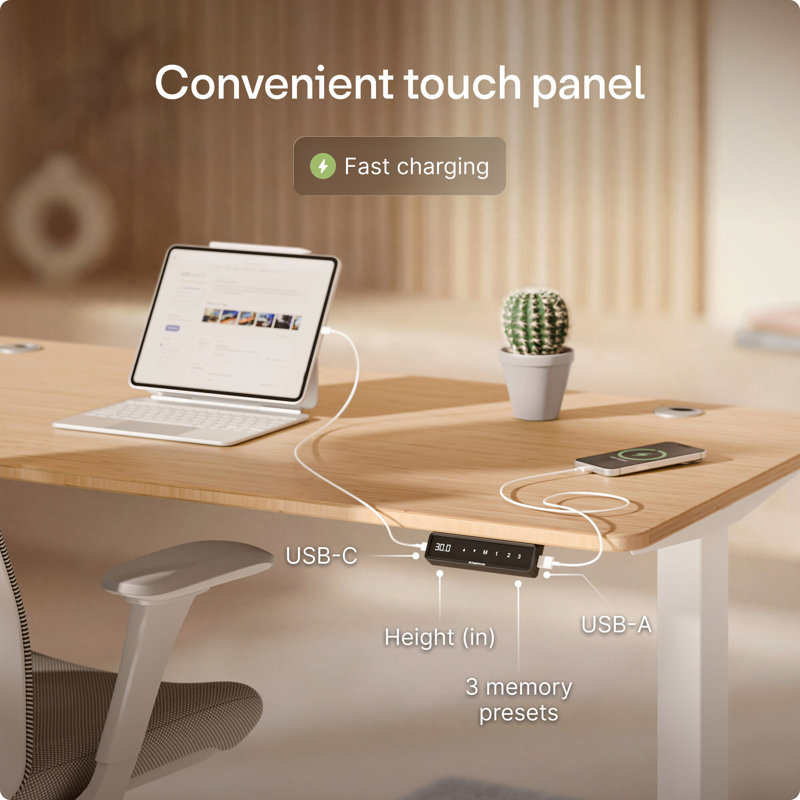 Bureau assis-debout électrique HomePro – Bureau réglable en hauteur à double moteur avec 3 positions mémorisables, chargement USB et USB-C, système anticollision