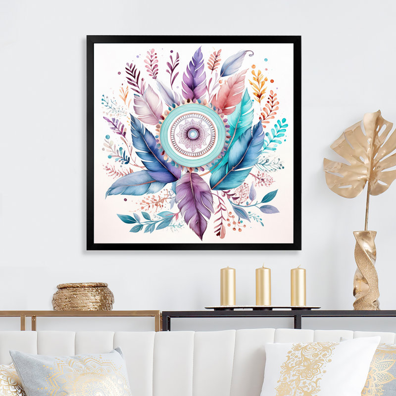 Attrape-rêves pastel turquoise Boho sur toile, H 16 po x l 16 po x P 1 po, Cadre simple noir