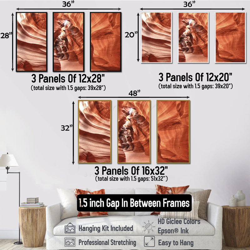 Antelope Canyon High Structures - Ensemble de 3 toiles encadrées, H 32 po x l 48 po x P 1 po, Or