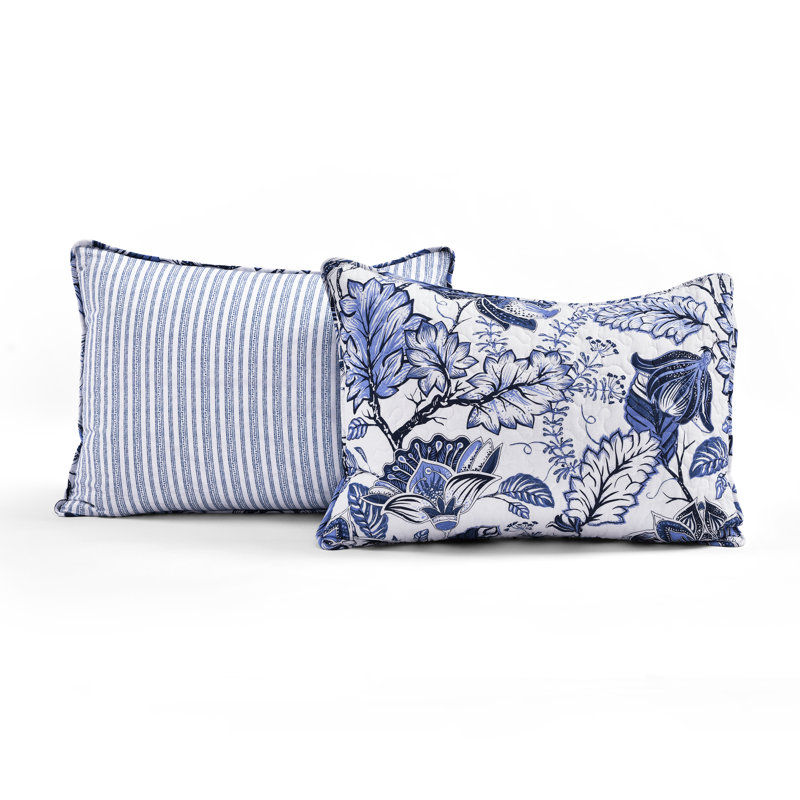 Blue Floral Cotton Reversible Full/Queen Quilt Set