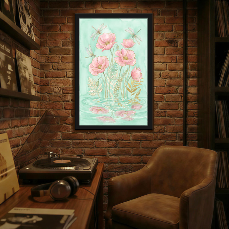 Plantes et fleurs, coquelicots roses, libellules, reflets de l'eau, H 12 po x l 18 po