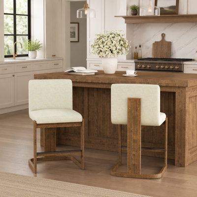 Ensemble de tabourets de bar modernes de 2, comptoir en bois massif de 24 pouces de hauteur avec revêtement en lin et pieds au fini noyer pour la maison et le café