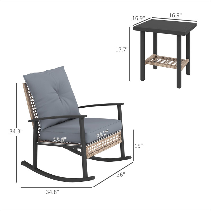 Ensemble de coussins capitonnés à boutons avec meubles de patio, chaises berçantes en rotin, table basse, Gris