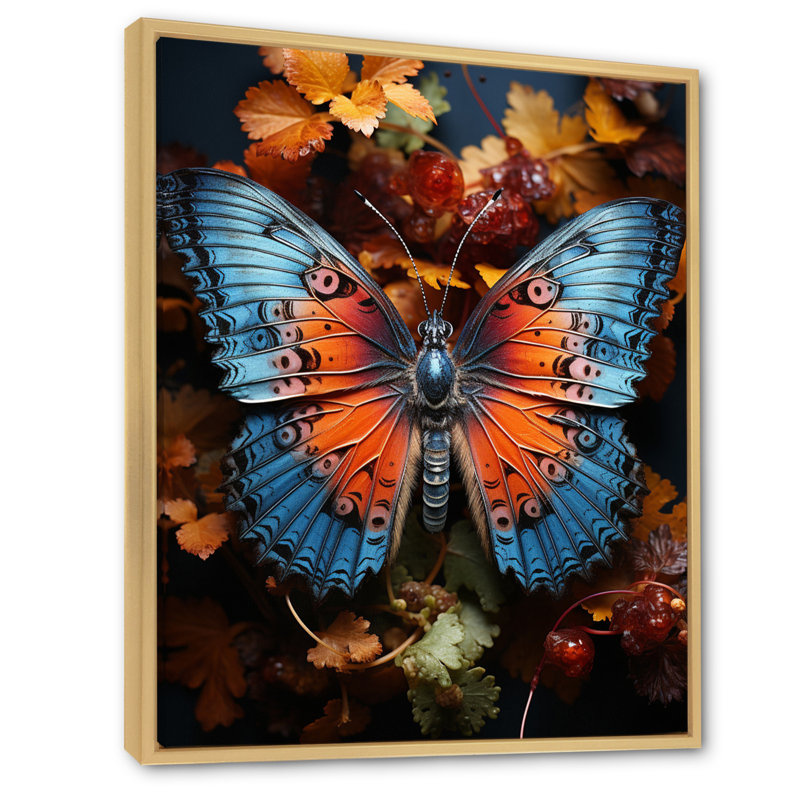 «Orange Turquoise Animal Butterfly», reproduction sur toile, 32" H x 24" W, Cadre naturel flottant