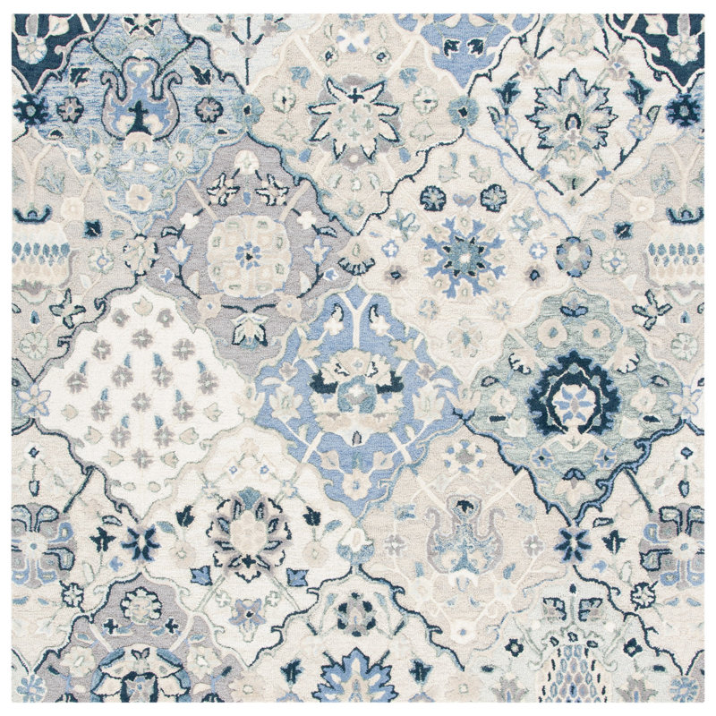 Tapis gris / ivoire / bleu en laine touffeté à la main Taumsauk, Carré 4 pi