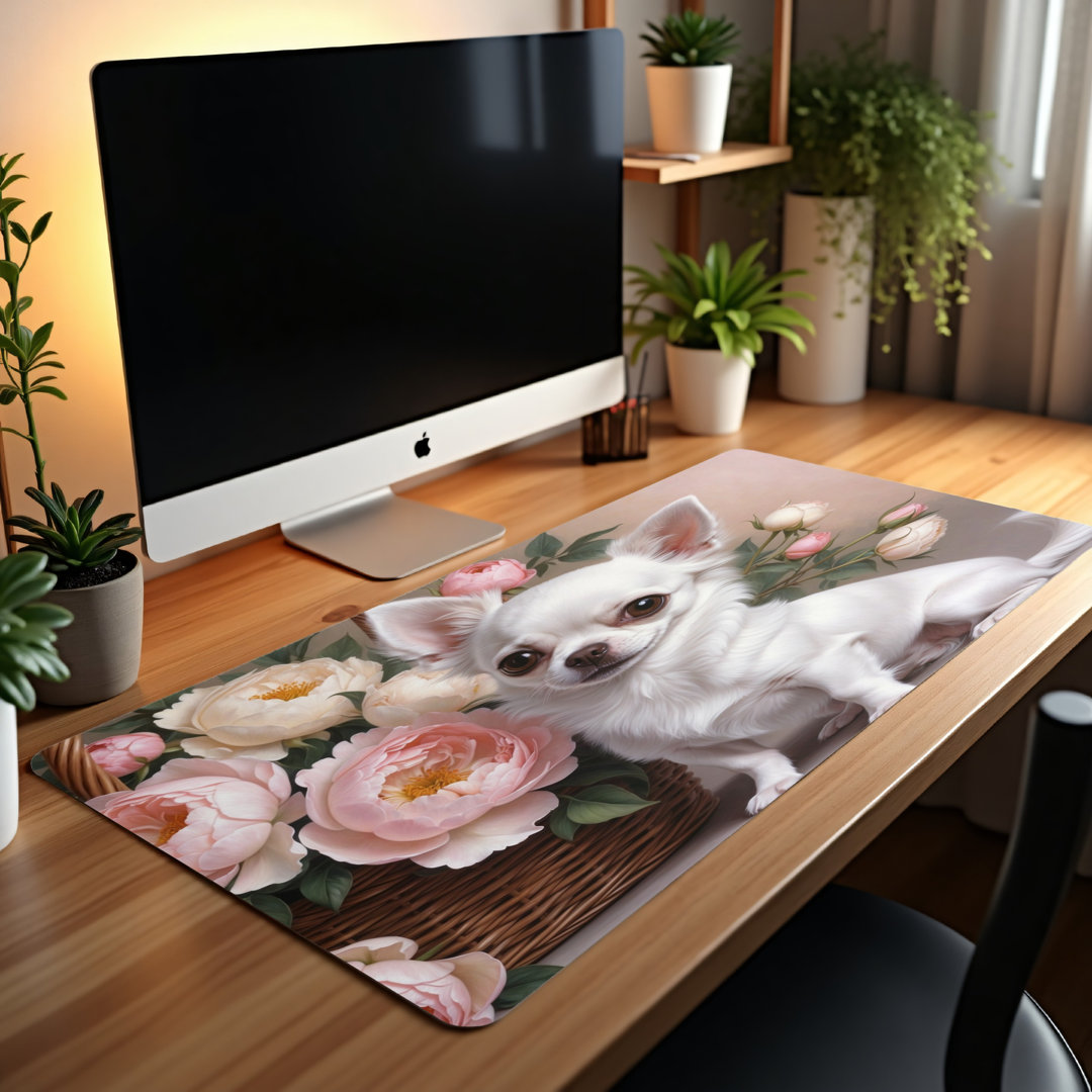 White Chihuahua Peony Desk Mat
