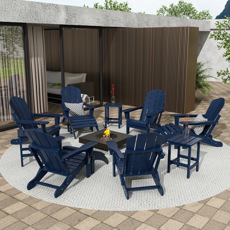 Laguna Foldable Outdoor Adirondack Chair With Ottoman, Navy Blue