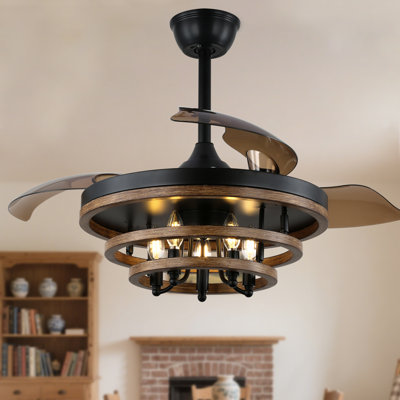 42" Brown Rustic Retractable Ceiling Fan with Light Kit and Remote DIY Shade 6-speed Reversible Motor for Bedroom