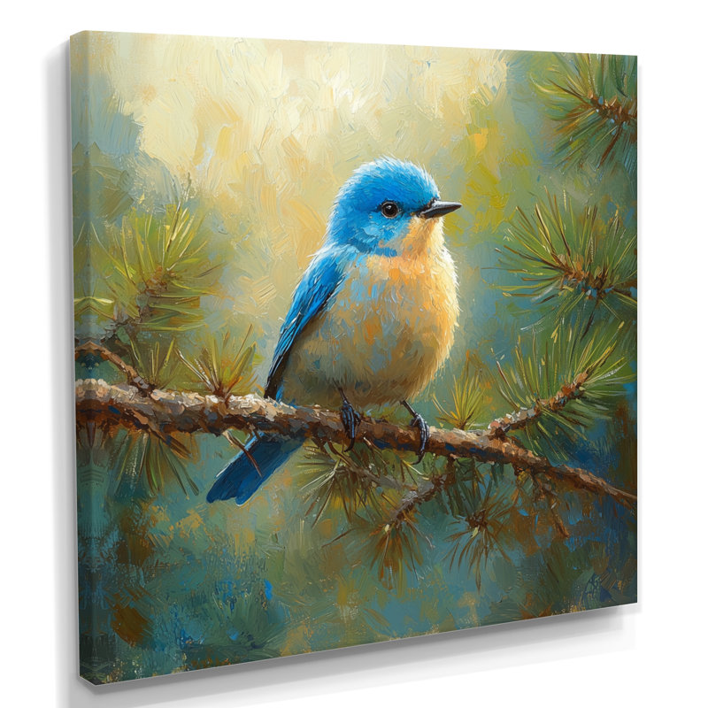 «Cheery Bluebird In The Pines I», art mural oiseau, H 30 po x l 30 po, Toile tendue, Ne s'applique pas