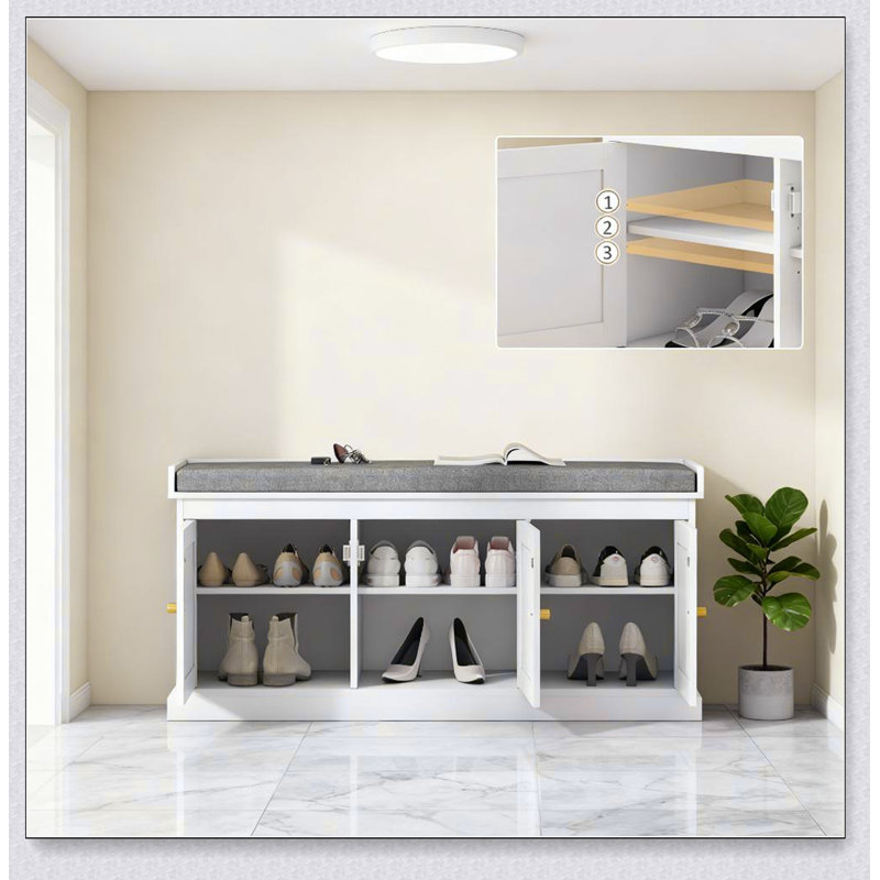 Banc de rangement pour chaussures avec coussin en rotin et assise de couloir robuste, Blanc Grayand