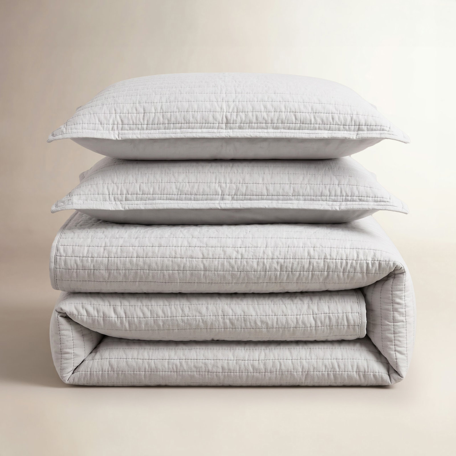 100% French Linen Channel Quilted Breathable Quilt Set With Shams, King Quilt + 2 King Shams, Light Gray