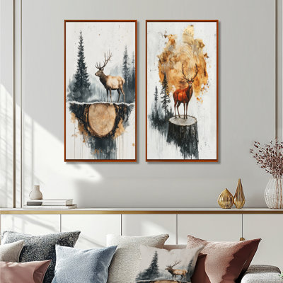 «Deer Guardian Of The Forest I», collection d'art mural 2 panneaux animaux