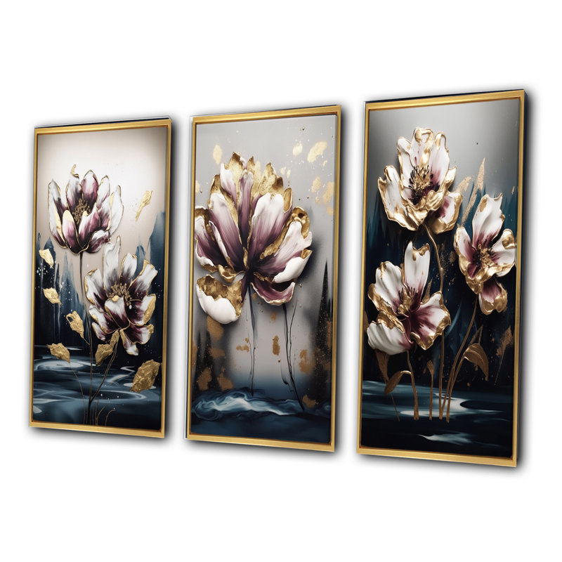 Tapisserie mauve mauve - ensemble de 3 tulipes florales, Cadre flottant doré, H 28 po x l 36 po