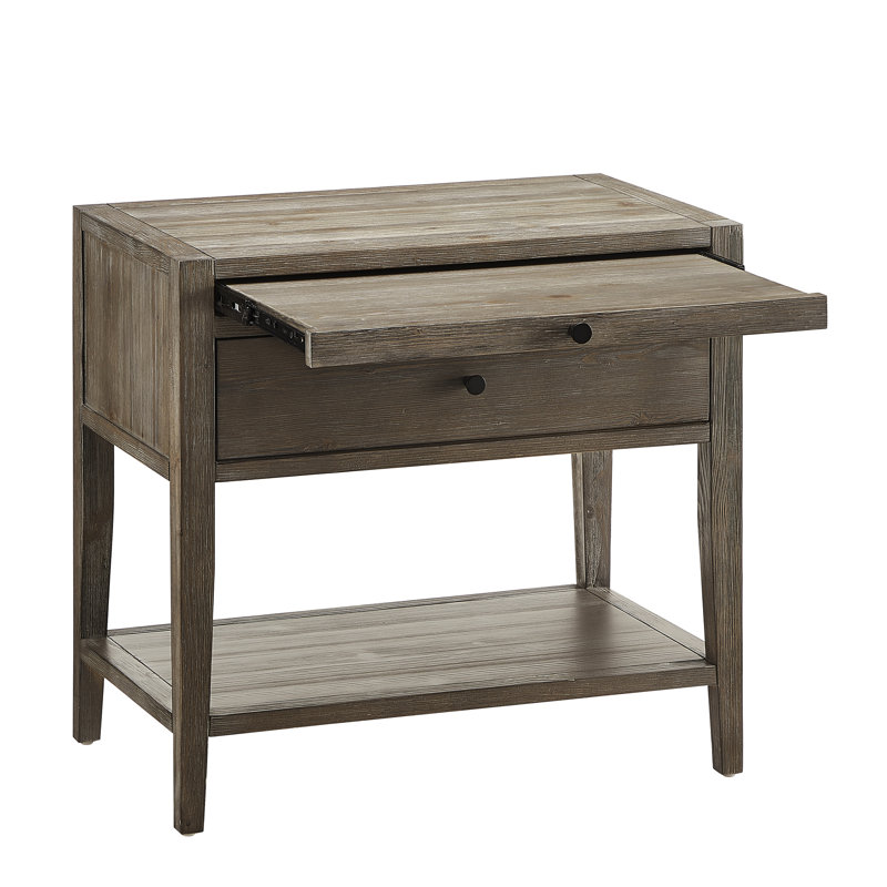 Table de chevet grise 1 avec système de conception de tiroir français, glissières latérales en métal, poignées noires, plateau coulissant pour plus de surface, rangement à tablette ouverte, style côtier rustique décontracté, sans assemblage