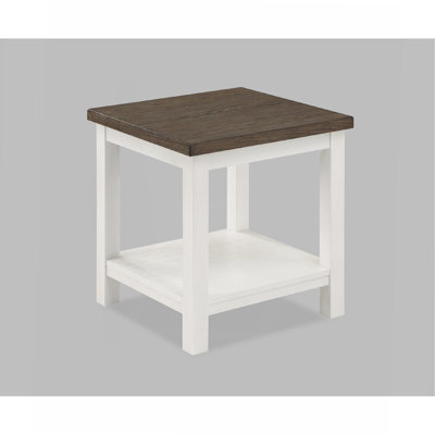 1 table de style campagnard brun avec base blanche et plateau rectangulaire avec roulettes