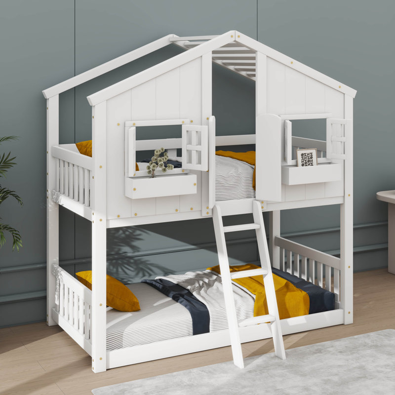 Twin-On-Twin House-Style Bunk Bed Fully Equipped With Roof, Window, Door, Safety Guardrails, And Ladder, White