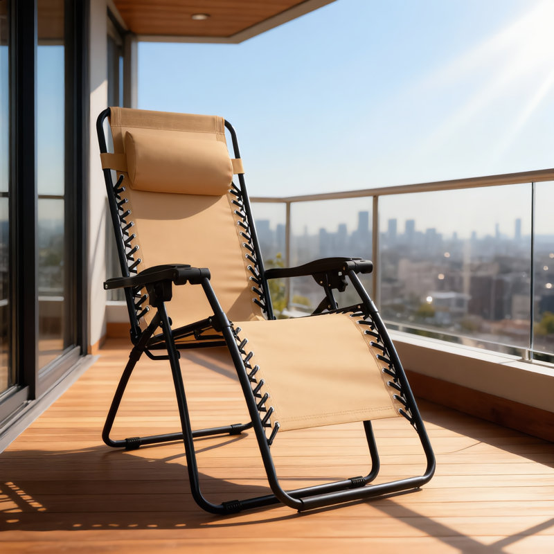 Beige Adjustable Lawn Chair For Outdoor Patio Zero Gravity Foldable Design With Padded Headrest And Weatherproof Textile Material