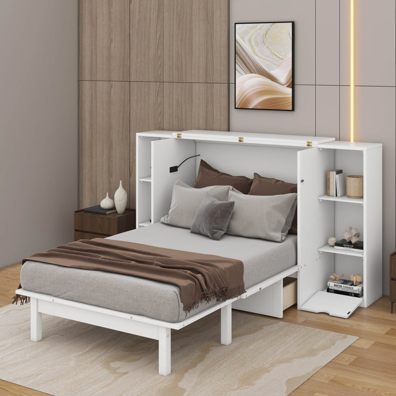 Queen Murphy Bed With Shelves, Drawers And USB, White
