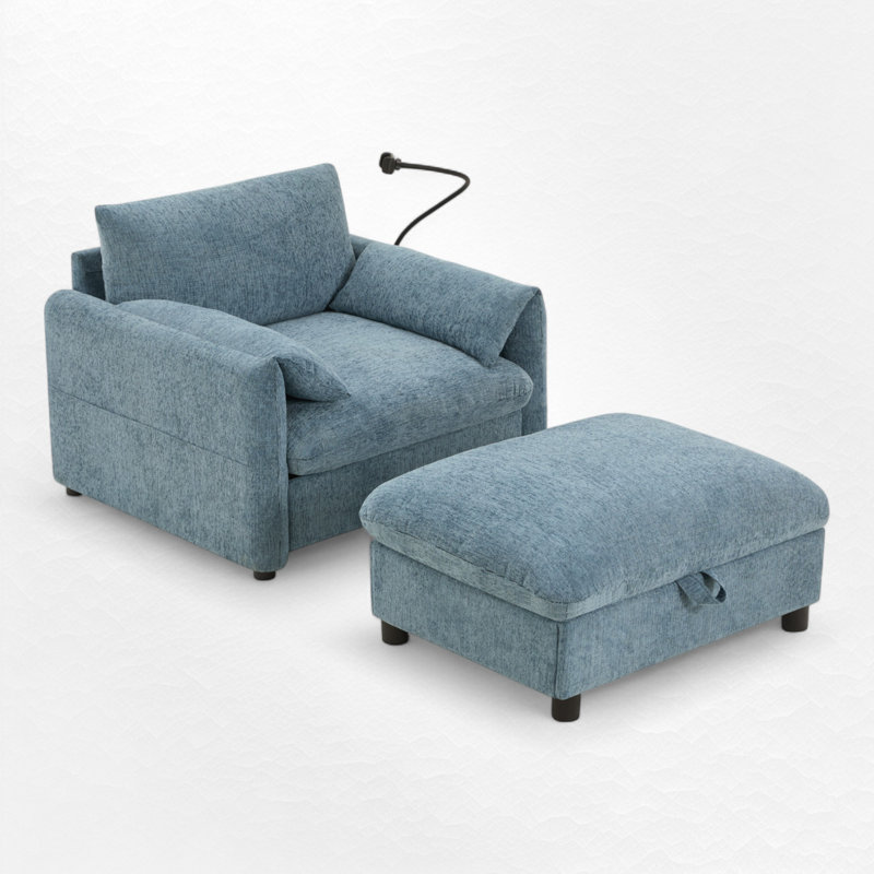 Fauteuil d'appoint rembourré avec repose-pieds avec rangement, Bleu