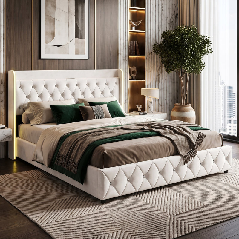 UK Velvet Ottoman Storage Bed with Marquee LED & USB-C, Glam Diamanté Tufted Upholstered Bed Frame, Beige, Kingsize (5')
