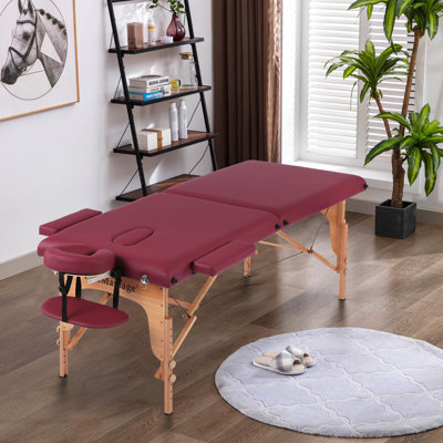 Massage Table 2 Section 73” Long Foldable Tattoo Bed Portable Massage Bed Adjustable Spa Bed With PU Leather Wooden Frame Adjustable Backrest & Headrest For Facial Care Tattoo Shop Foot Massage Mobile Massage, Burgundy