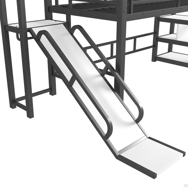 Lit mezzanine simple avec glissade et escalier, lit de jeu en métal avec tablettes de rangement, toit en forme de maison et conception silencieuse