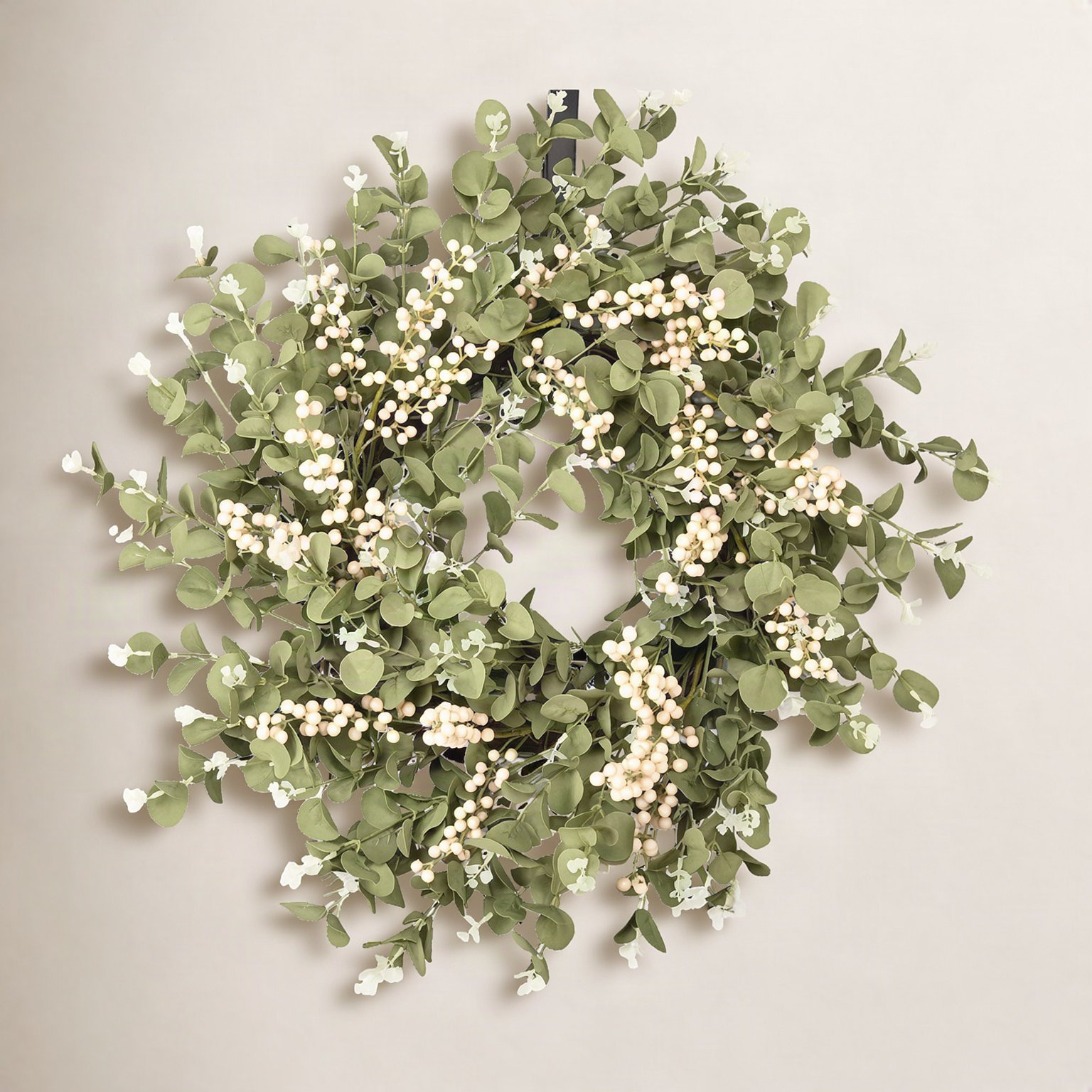 24" Handcrafted Faux Eucalyptus Berry Wreath for Front Door, White/Green