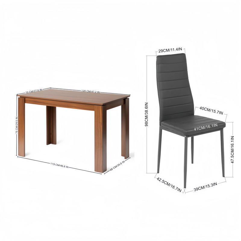 Ensemble de table à manger moderne pour 4 personnes, table de cuisine rectangulaire de 120 cm avec 4 chaises ergonomiques gris, petite table et chaises pour la cuisine